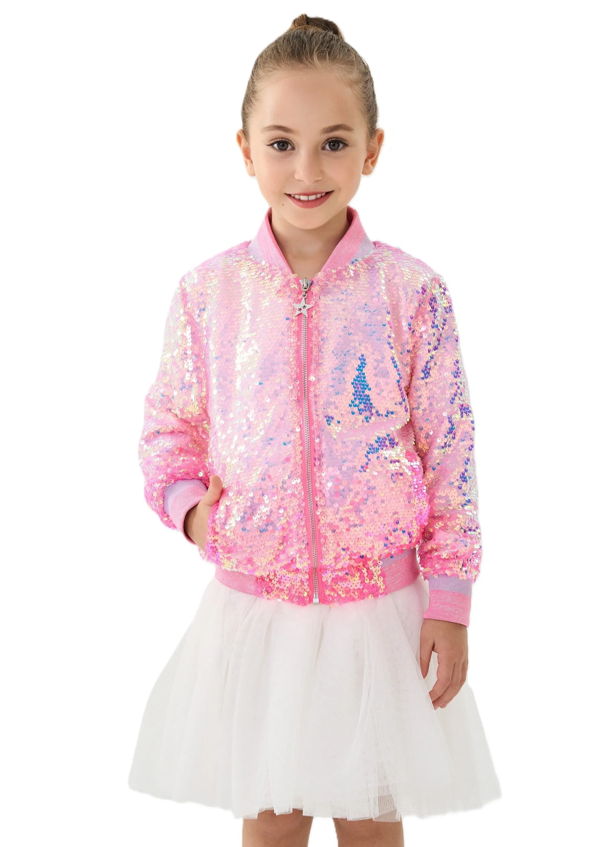 2Bunnies Girls' Bubble Gum Sequin Bomber Jacket