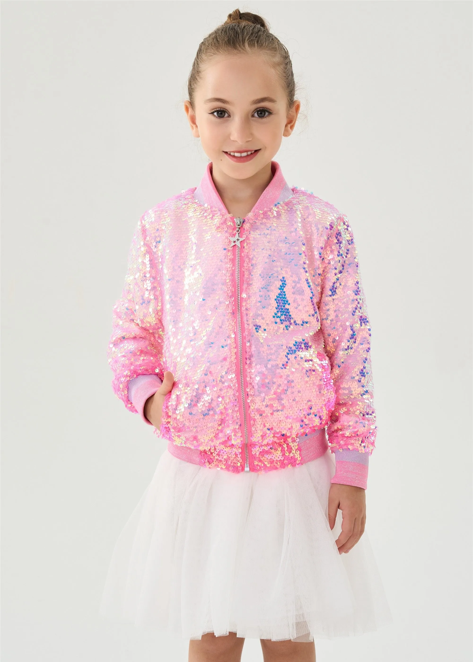 2Bunnies Girls' Bubble Gum Sequin Bomber Jacket