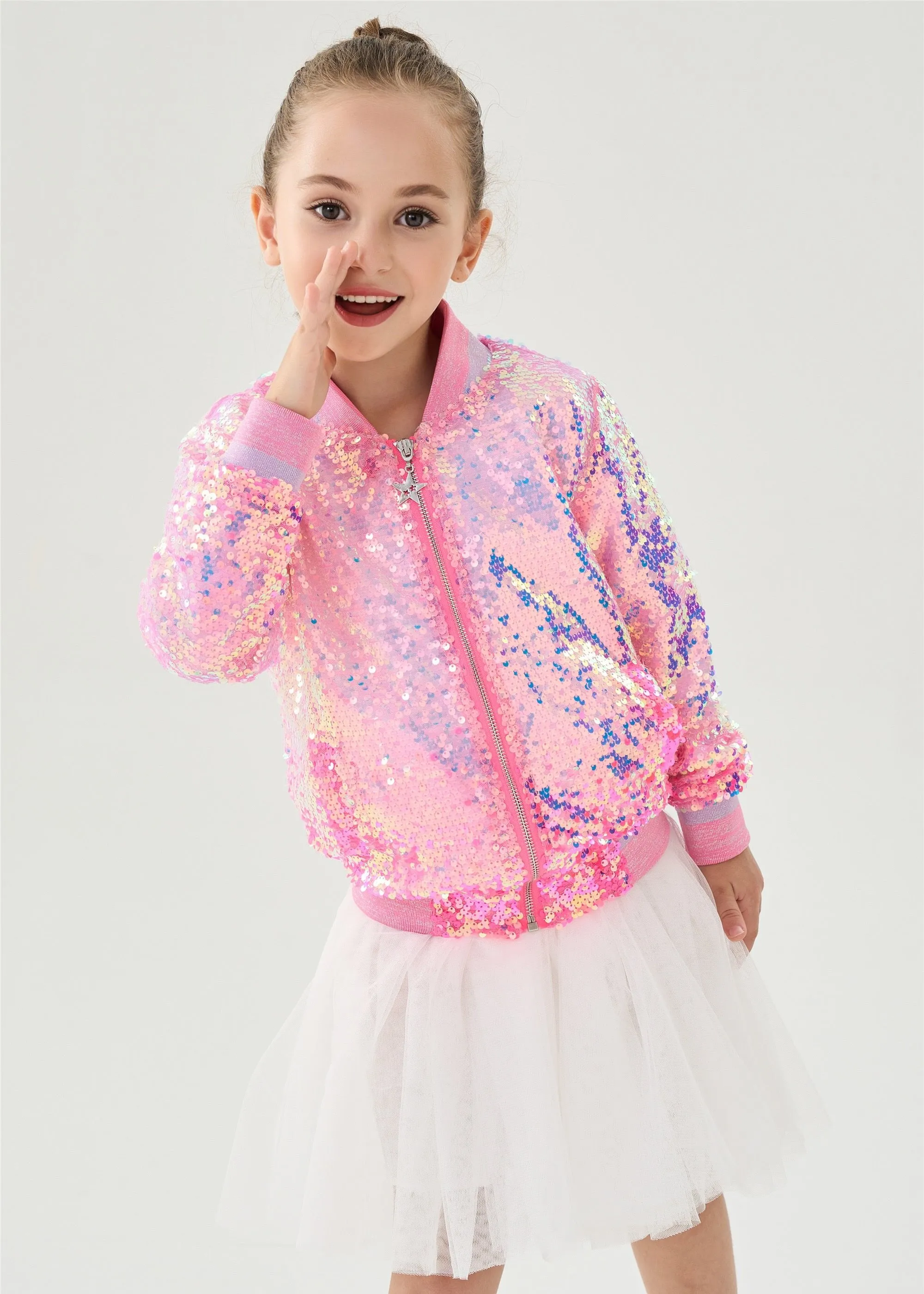 2Bunnies Girls' Bubble Gum Sequin Bomber Jacket