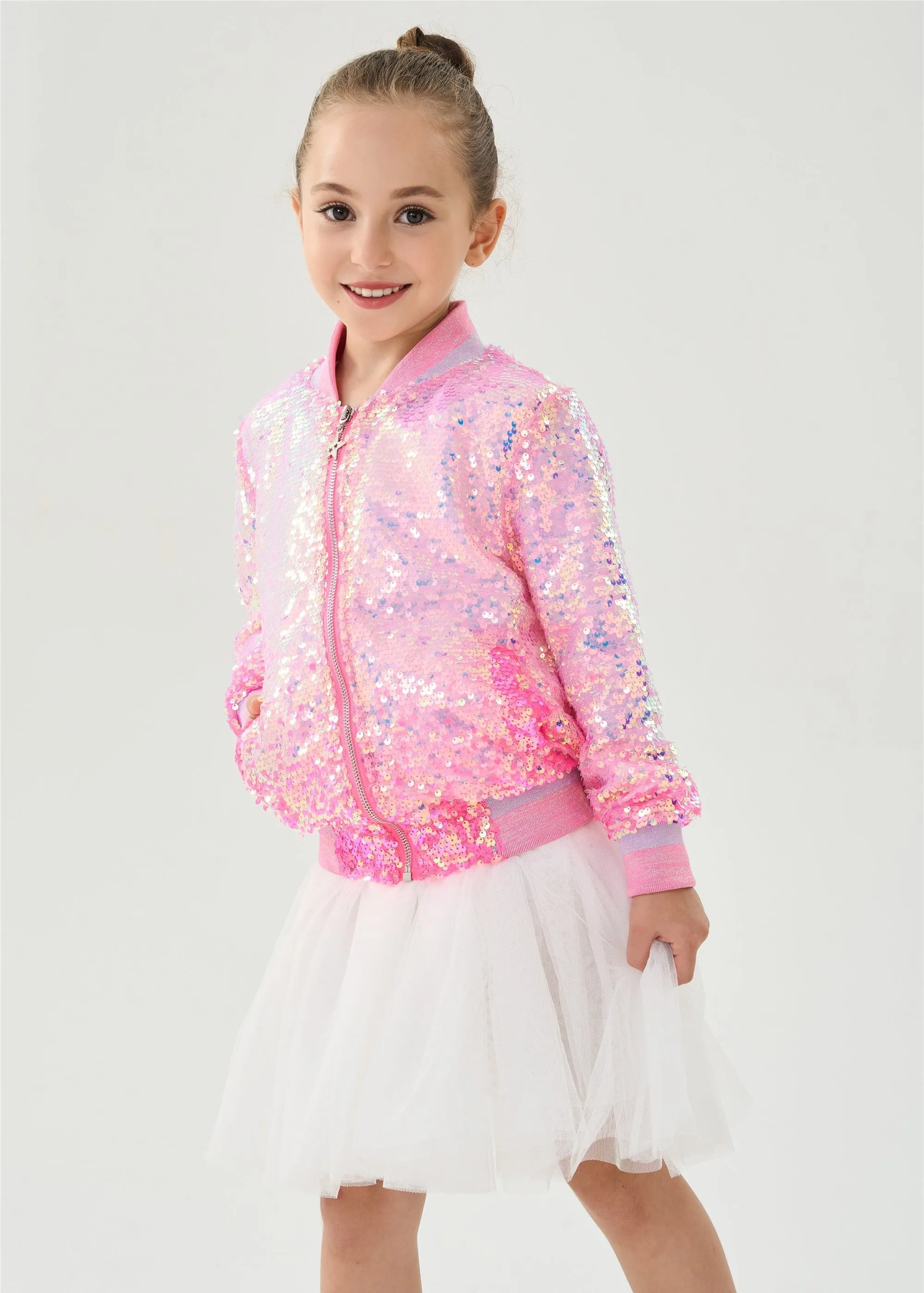 2Bunnies Girls' Bubble Gum Sequin Bomber Jacket