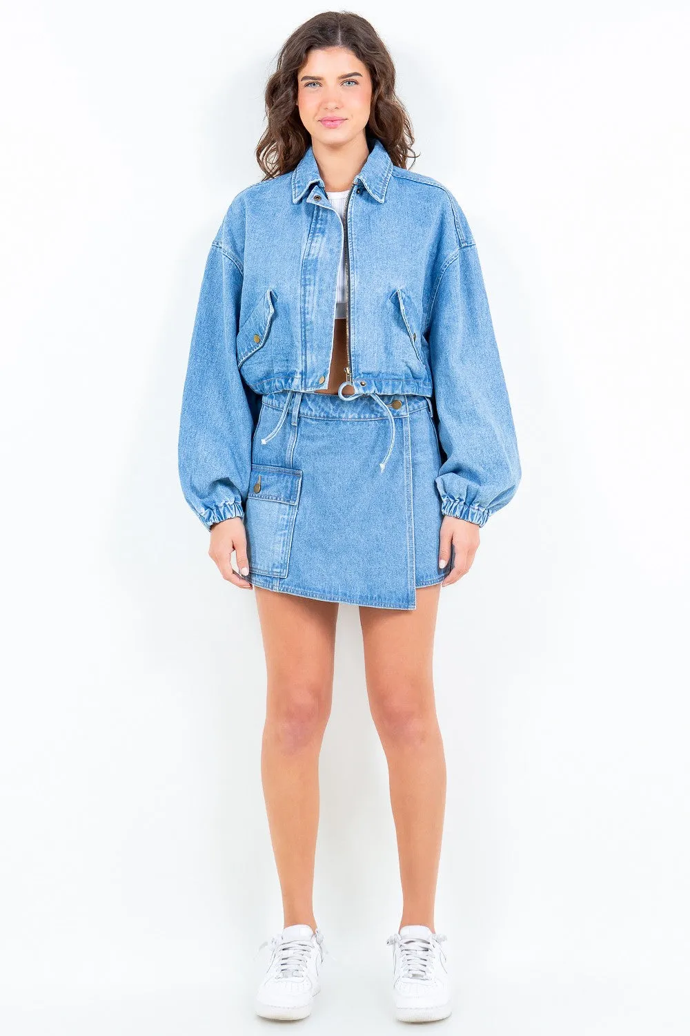 American Bazi Drawstring Hem Cropped Blue Denim Jean Jacket