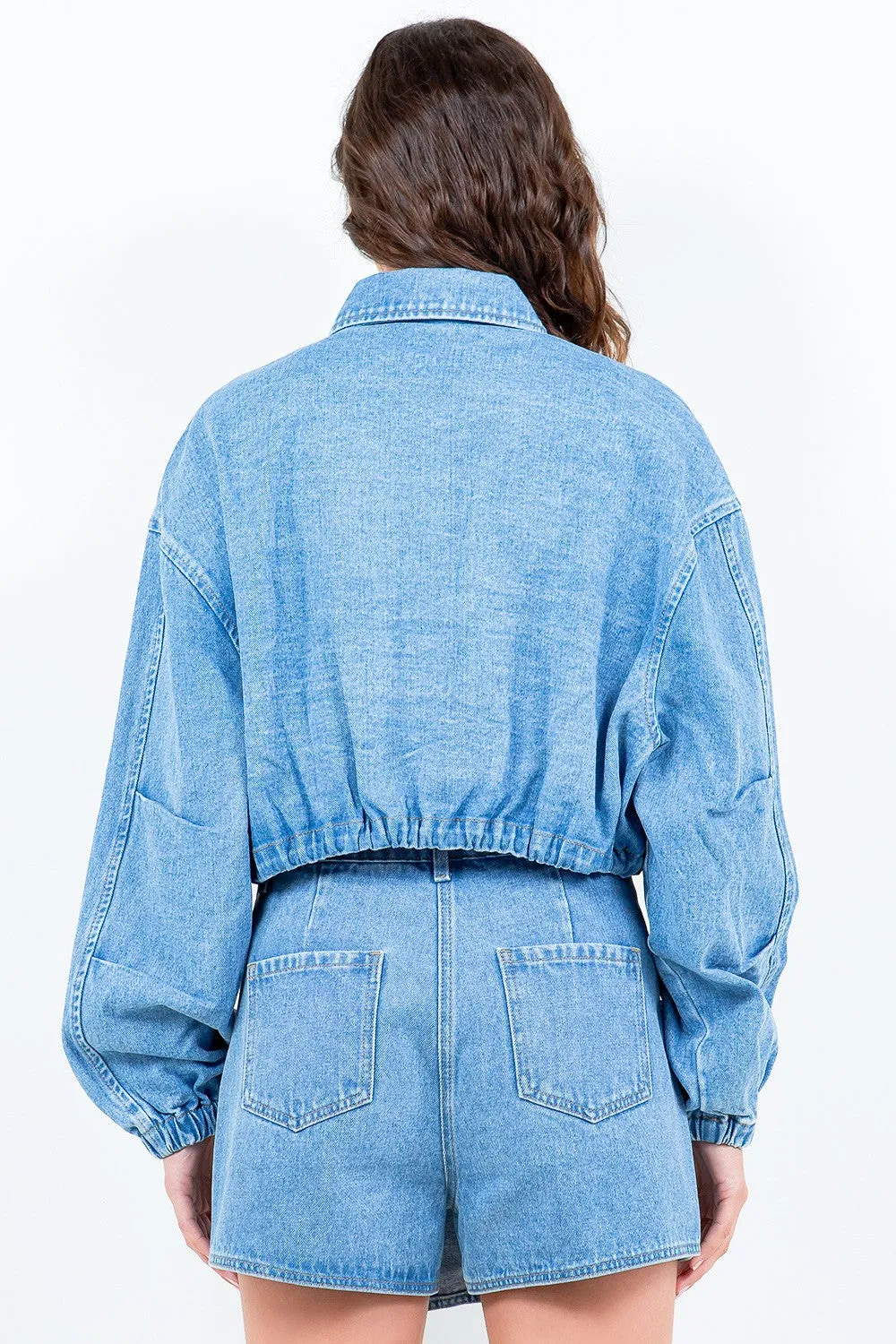 American Bazi Drawstring Hem Cropped Blue Denim Jean Jacket