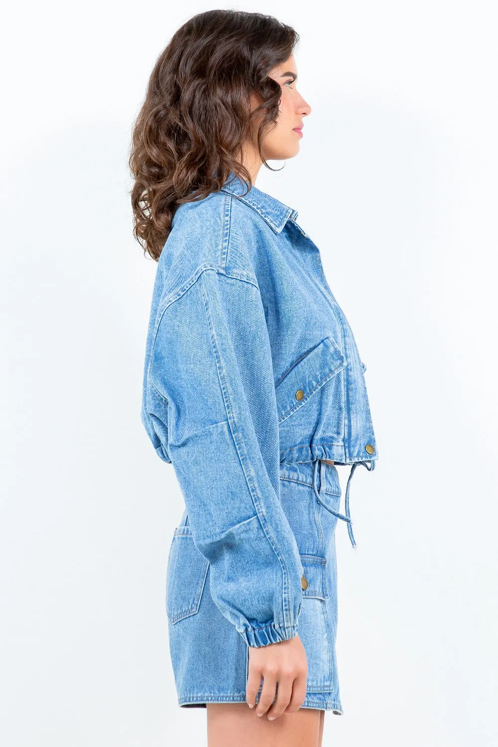 American Bazi Drawstring Hem Cropped Blue Denim Jean Jacket