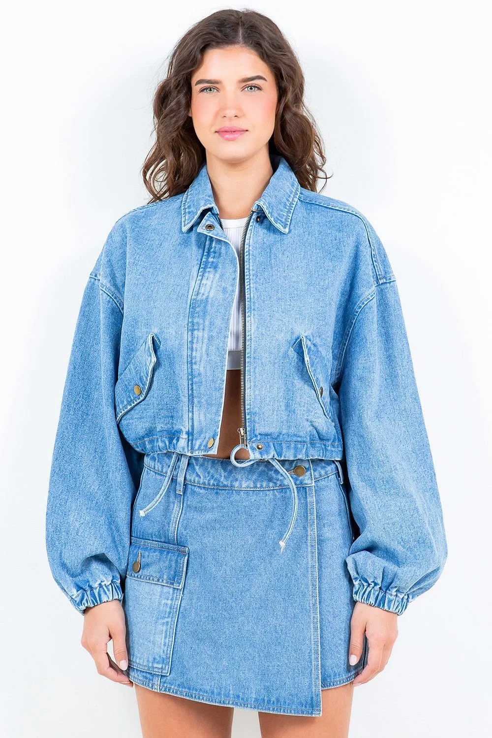 American Bazi Drawstring Hem Cropped Blue Denim Jean Jacket