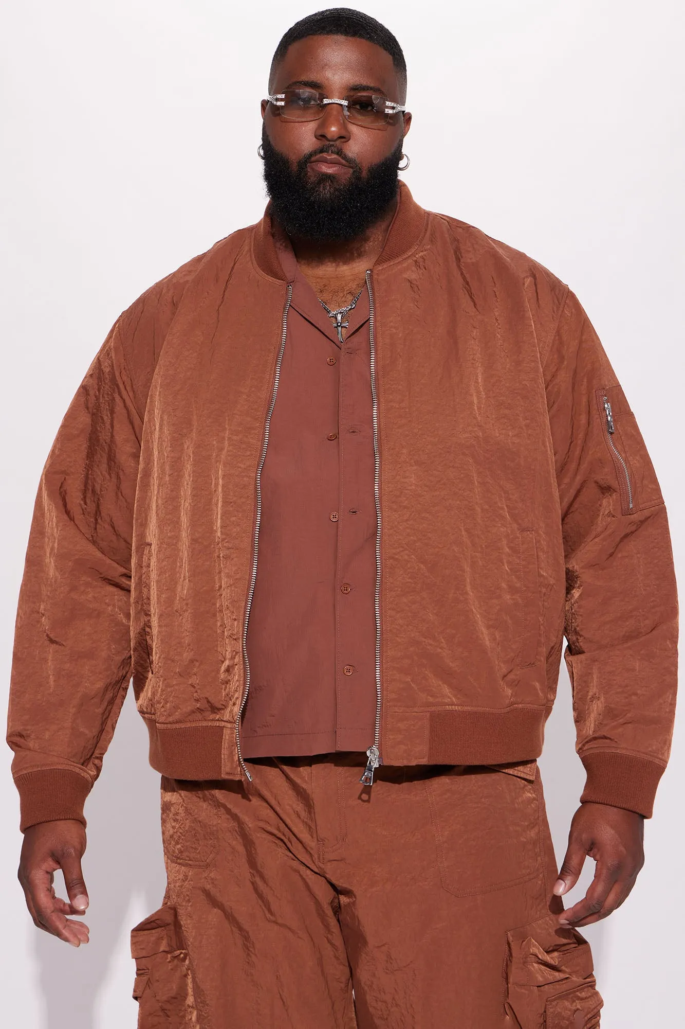 As It Was Nylon Military Bomber Jacket - Brown