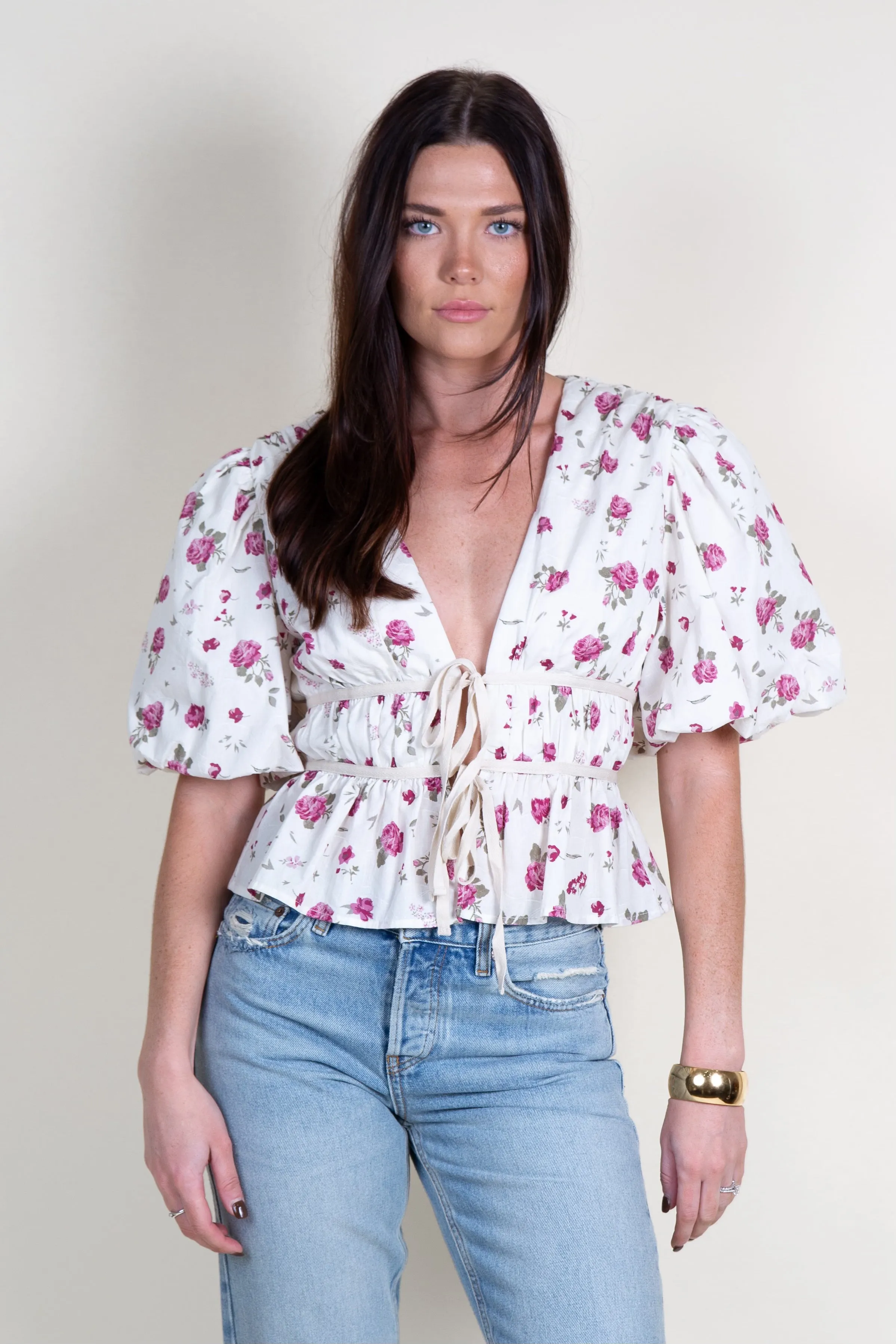 AUREUM | Floral Peplum Tie Top - Rose