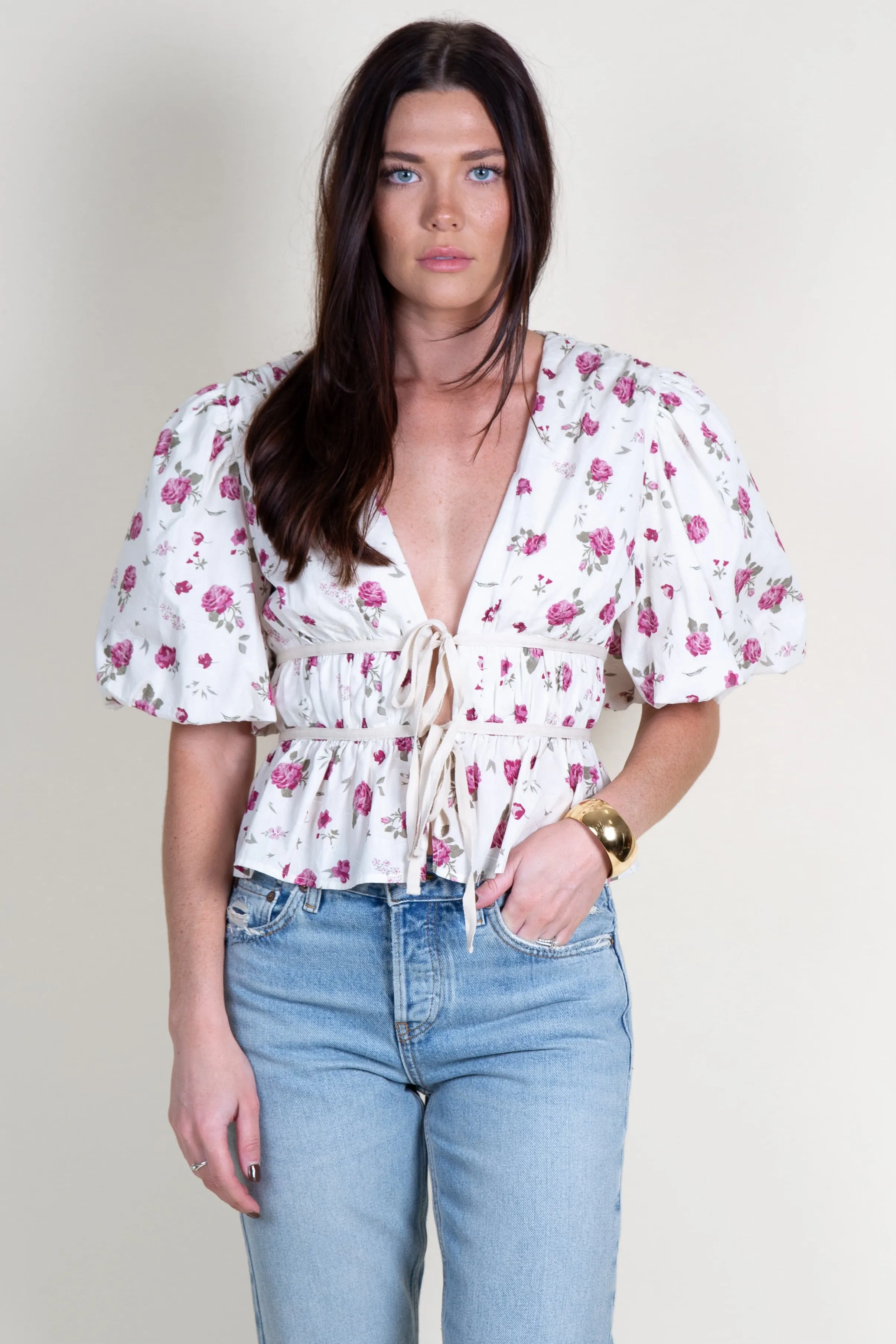 AUREUM | Floral Peplum Tie Top - Rose