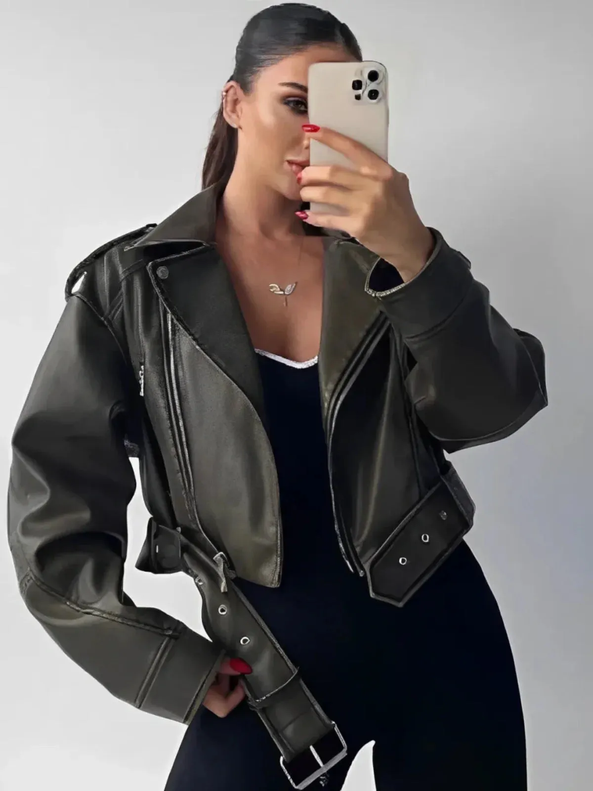 Belted Faux Leather Moto Jacket