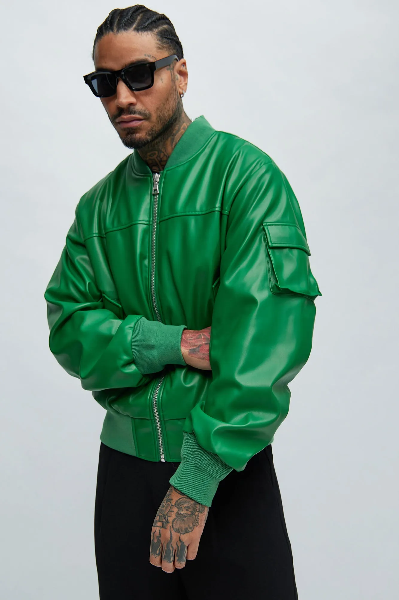 Birmingham Faux Leather Bomber Jacket - Green