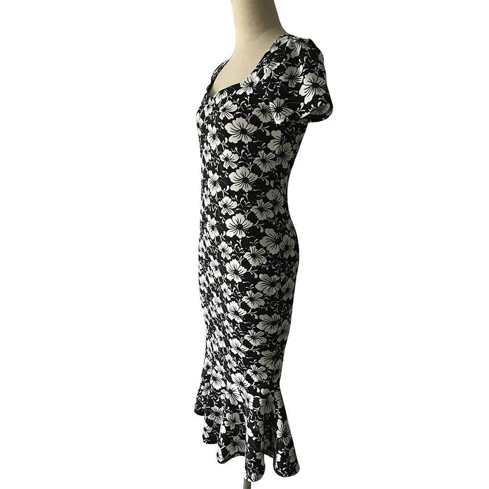 Black & White Floral Ruffle-Hem Dress