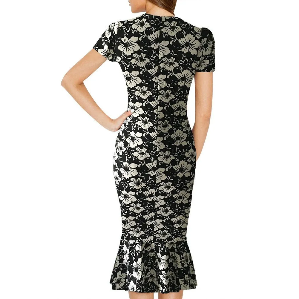 Black & White Floral Ruffle-Hem Dress