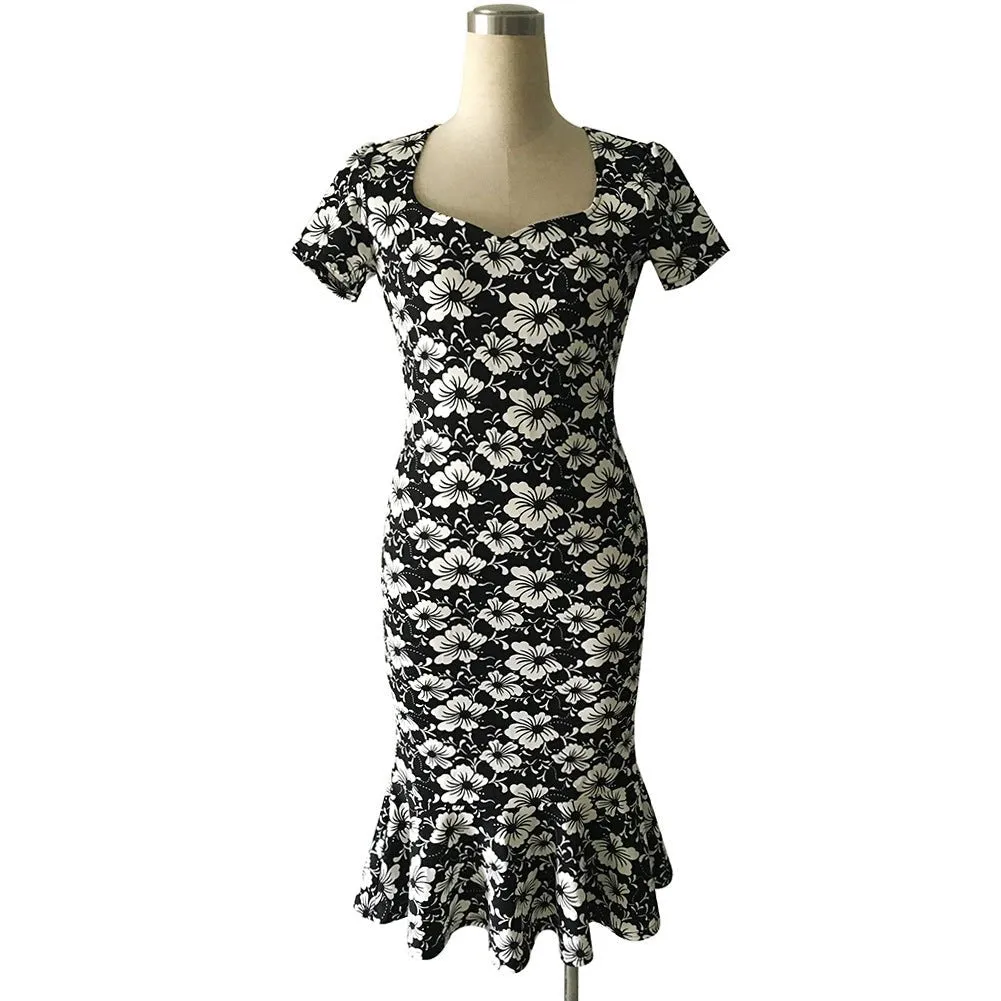 Black & White Floral Ruffle-Hem Dress