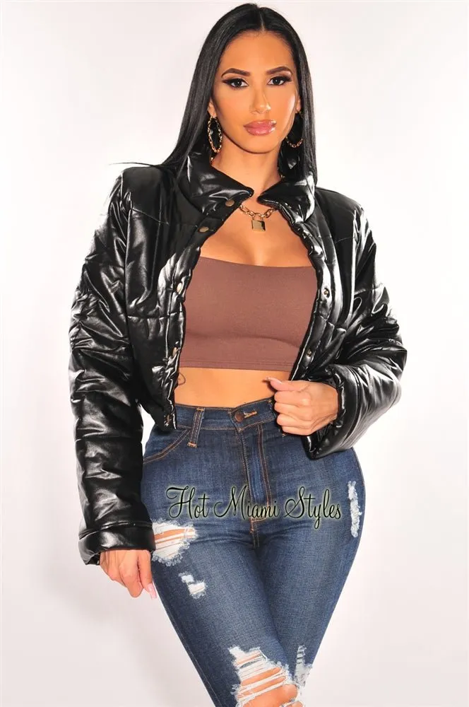 Black Faux Leather Button Up Cropped Bomber Jacket