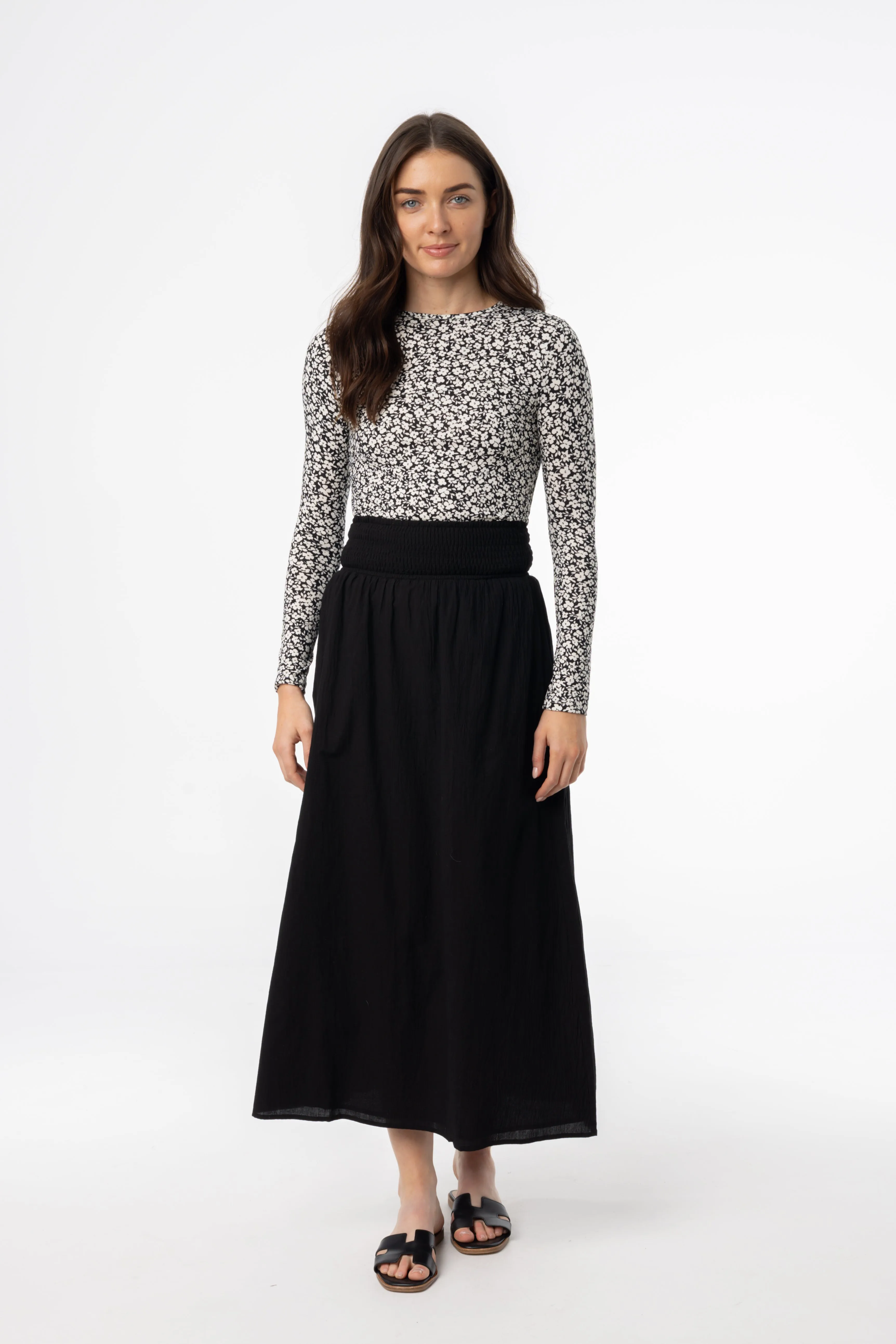 Black Smocked Maxi Skirt