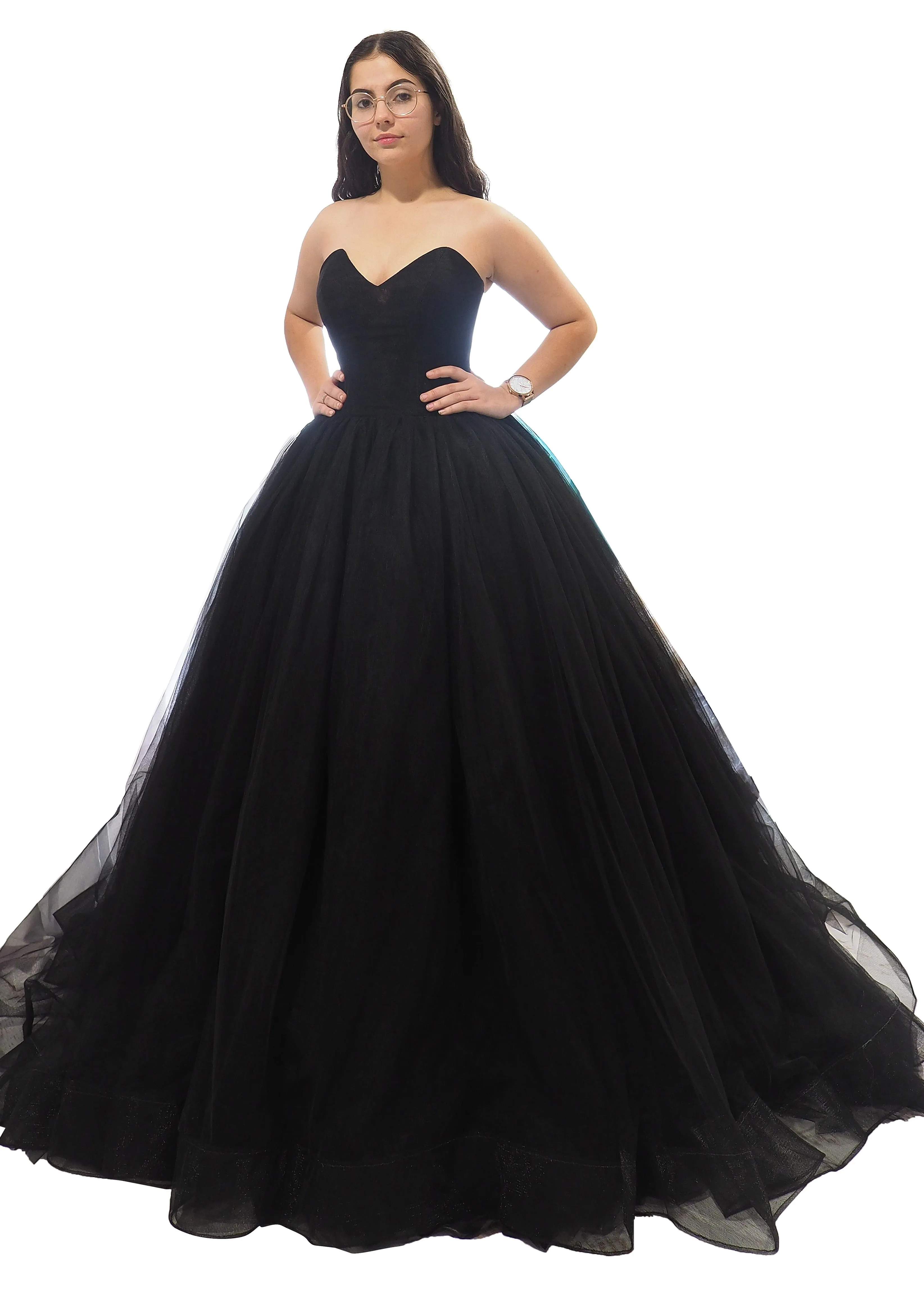 Black tulle V neck strapless dress