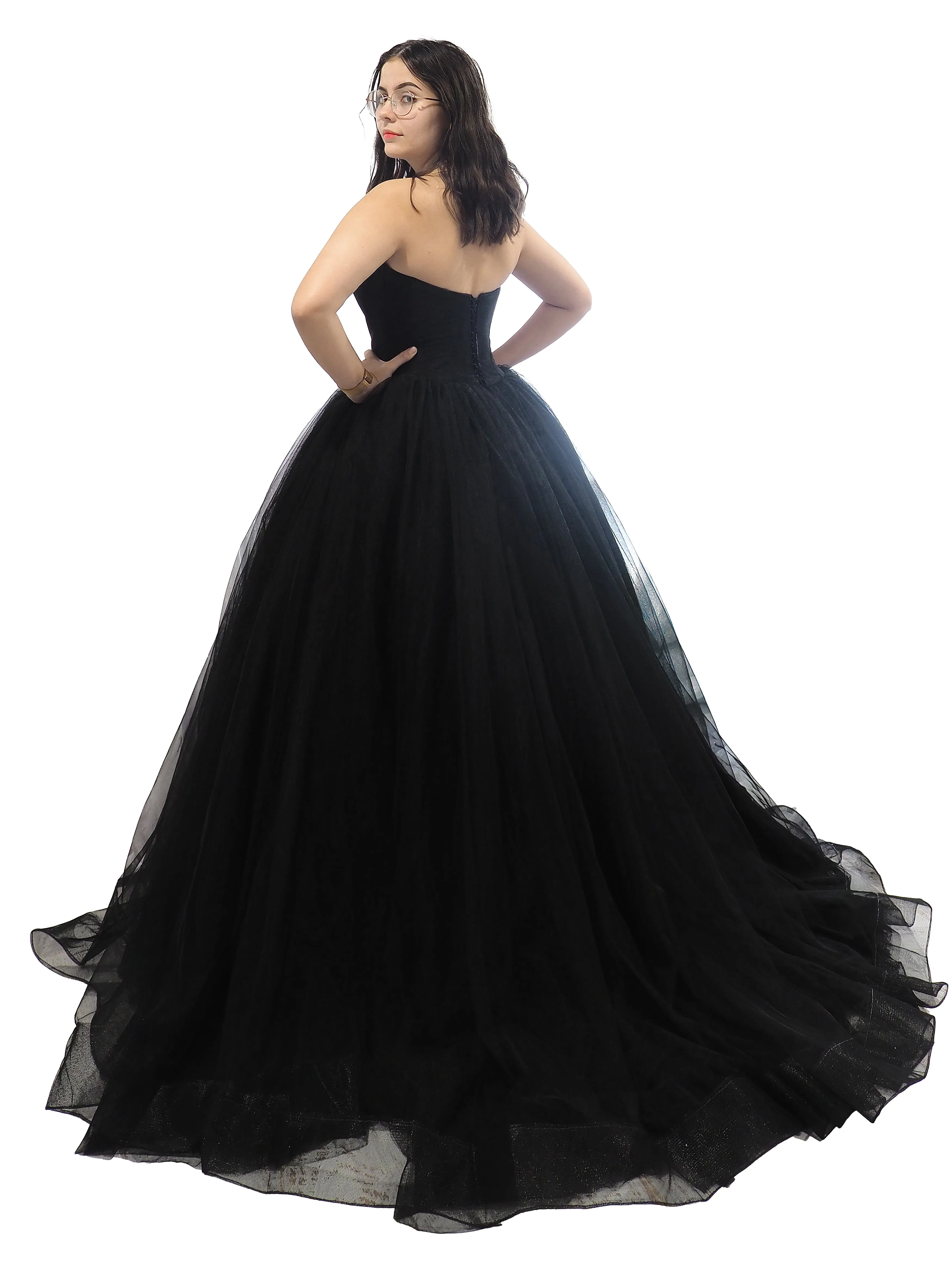 Black tulle V neck strapless dress