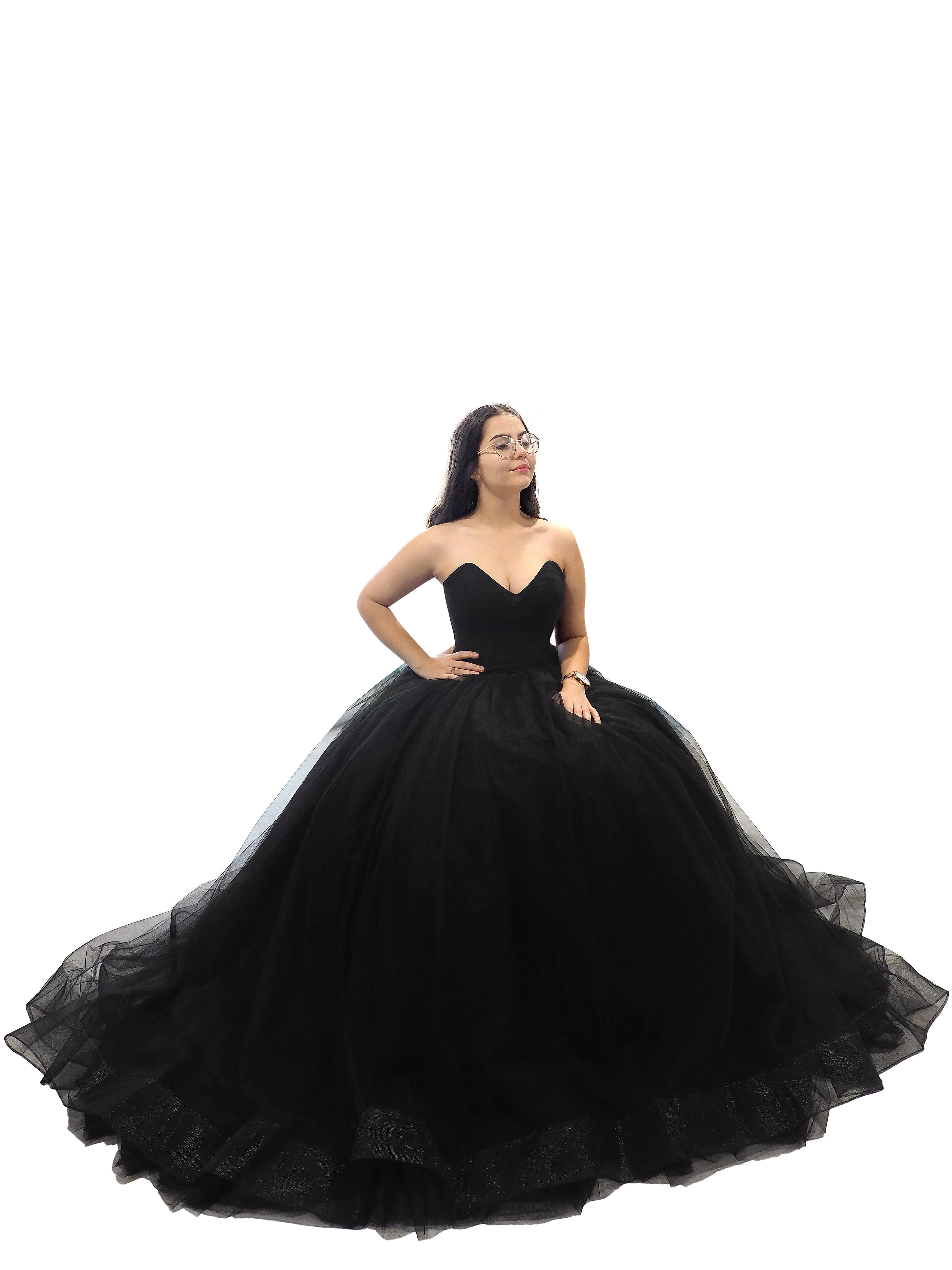 Black tulle V neck strapless dress