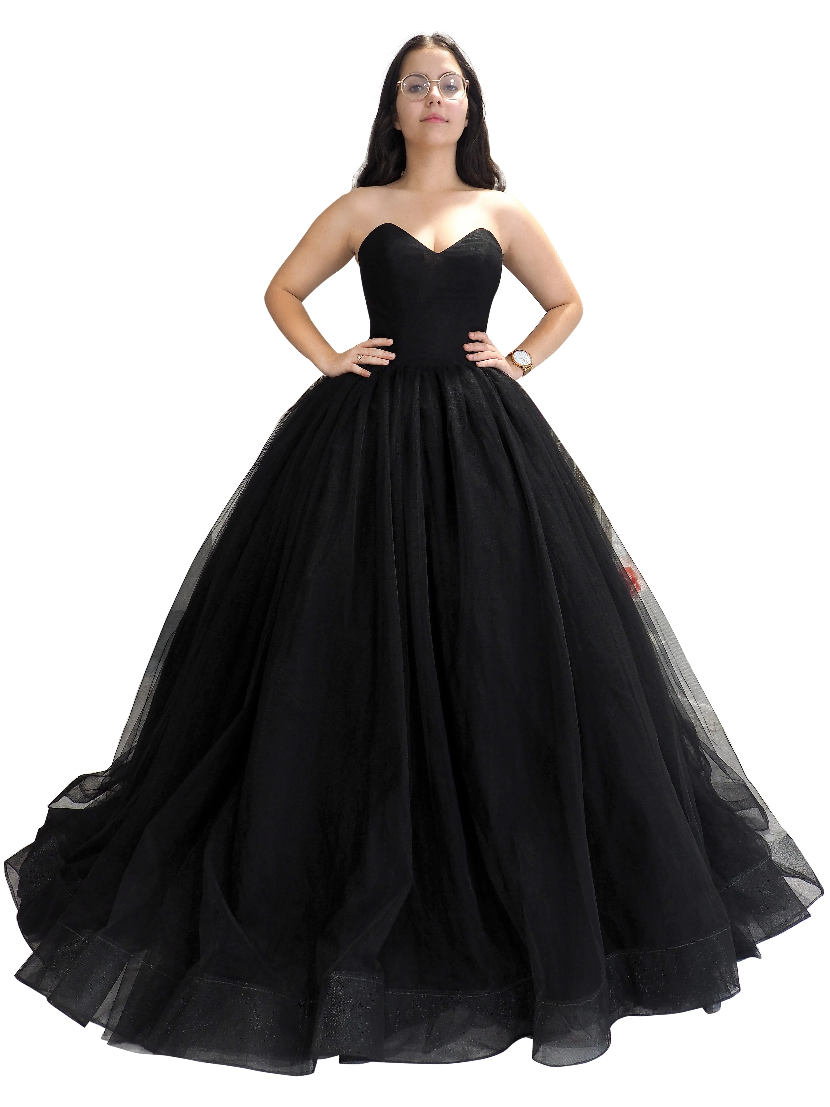 Black tulle V neck strapless dress