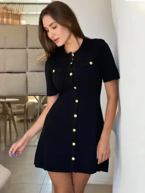 Casual Golden-Buttoned Knit Dress