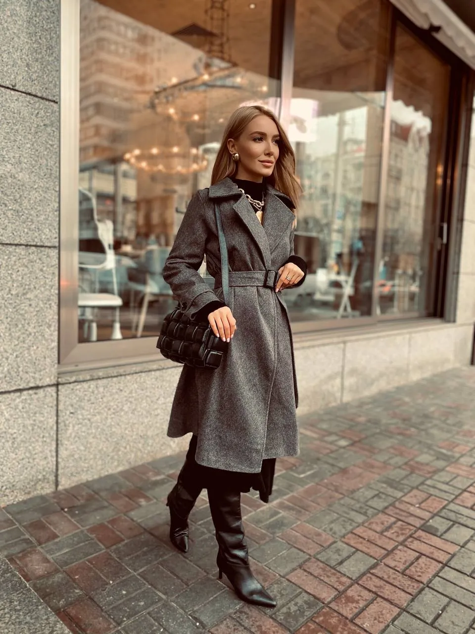 Casual Grey Wool Belted Coat