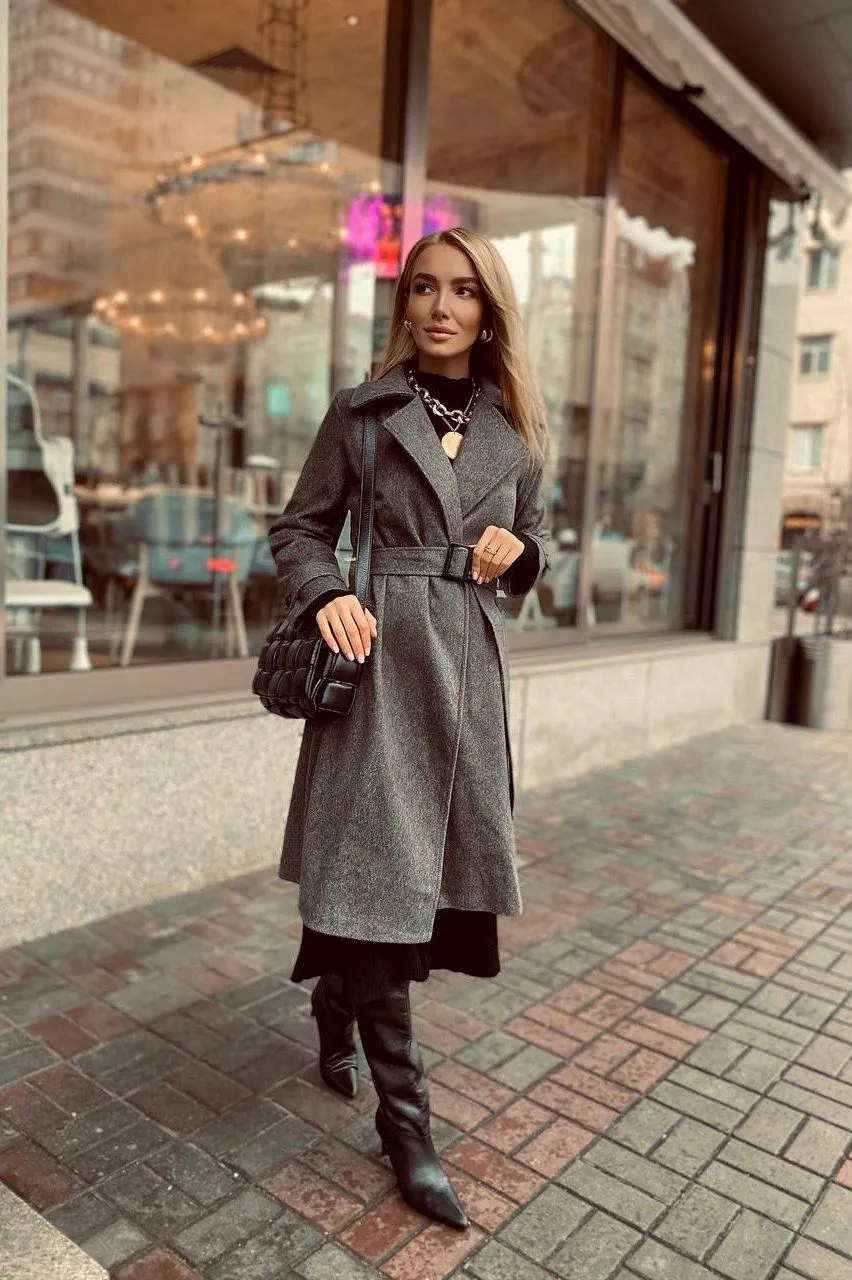 Casual Grey Wool Belted Coat