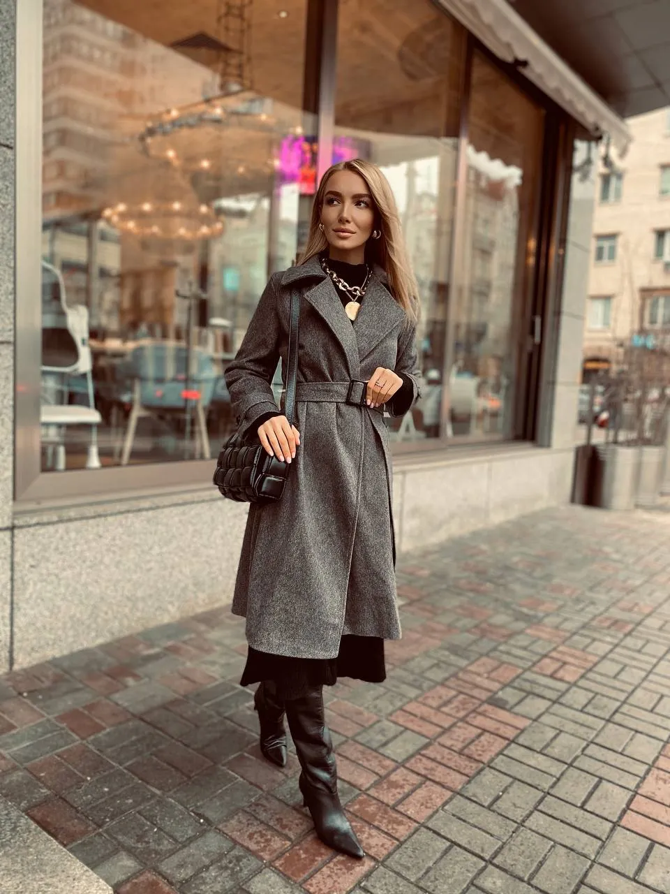 Casual Grey Wool Belted Coat