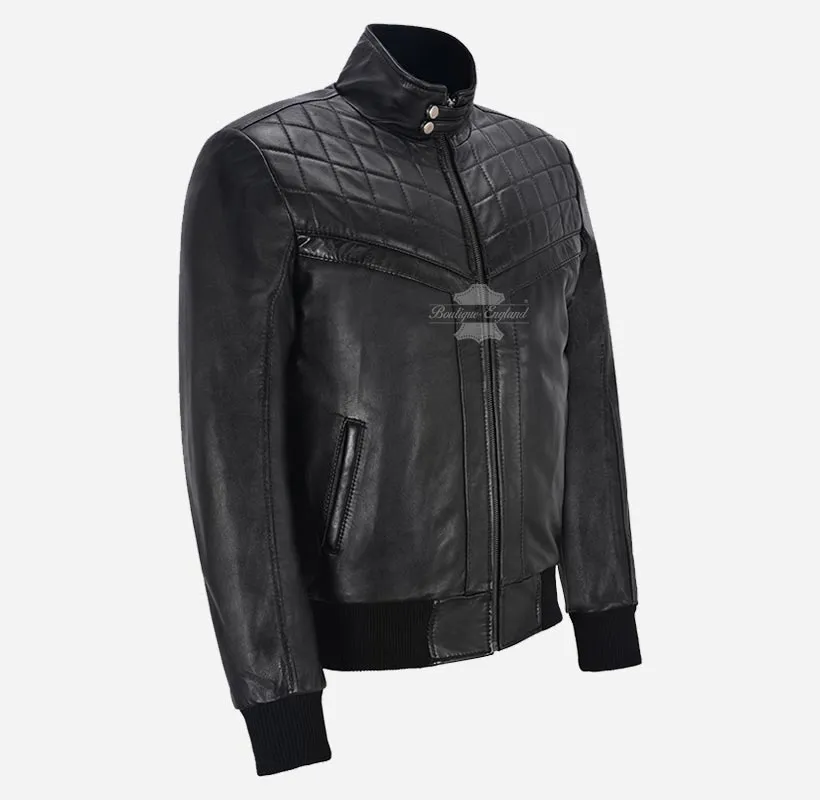 CHARLBURY Men's Black Leather Bomber Jacket