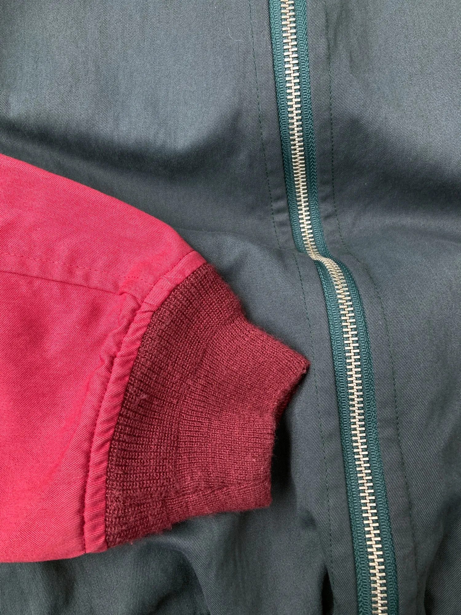 Colin Harvey 1980s green bomber jacket with wine red sleeves - mens S M