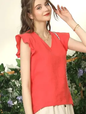 Coral Ruffle Sleeve Blouse