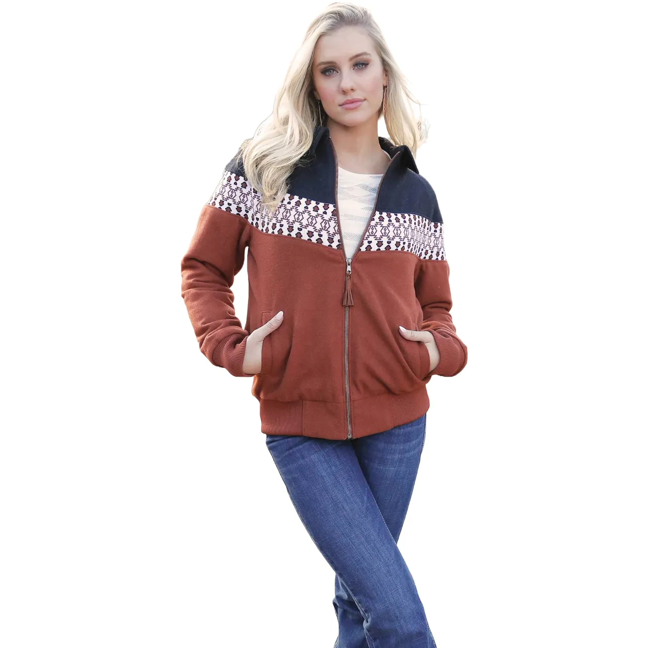 Cruel Denim Ladies Color Blocked Brown & Navy Bomber Jacket CWJ7480001