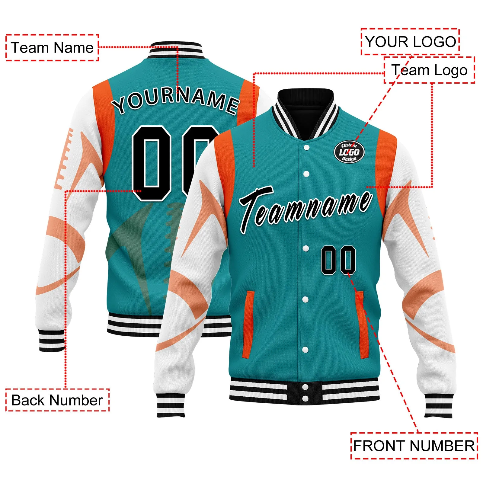 Custom Light Green Miami Jacket Bomber Full-Snap Varsity Letterman Personalized Jacket FZ005-D025004-25