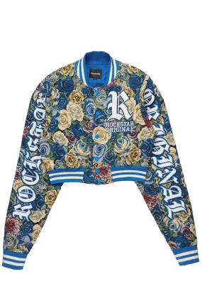 Darresha Blue Crop Tapestry Varsity Jacket