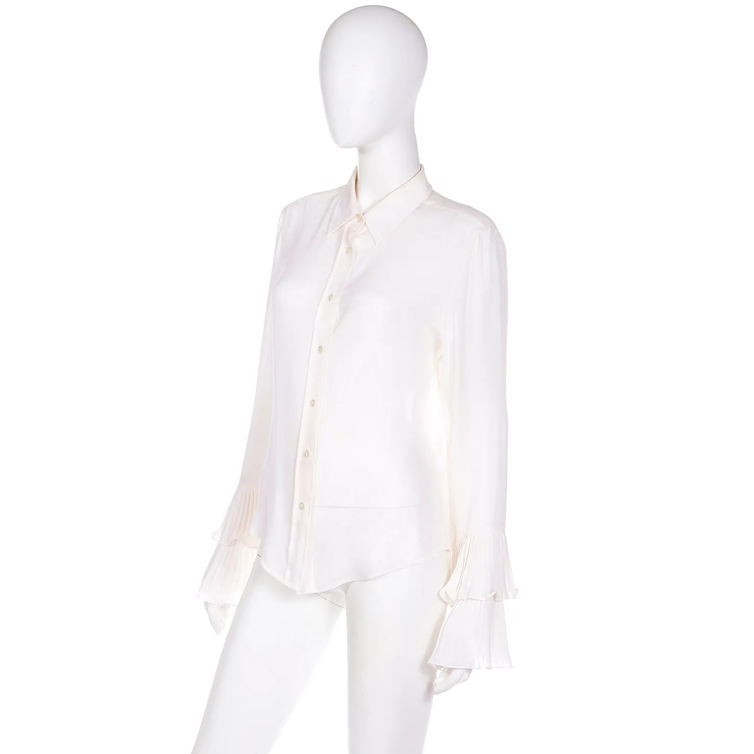 Deadstock 2000s Oscar de la Renta Ivory Silk Blouse w Ruffled Sleeve Cuffs