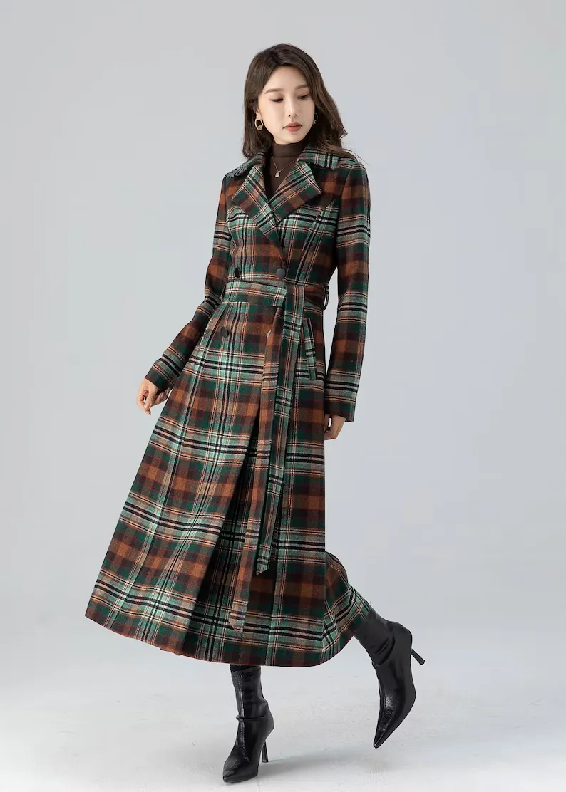 Double breasted winter plaid long wool coat women 4785