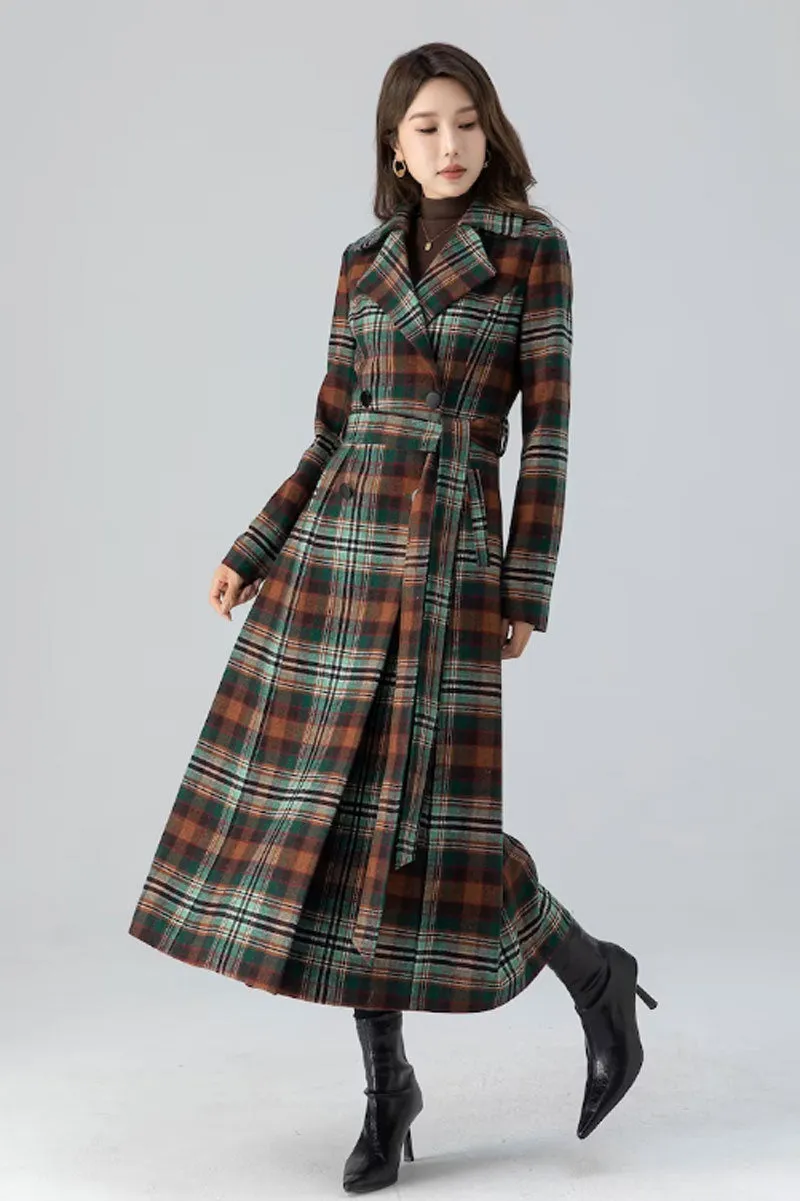 Double breasted winter plaid long wool coat women 4785