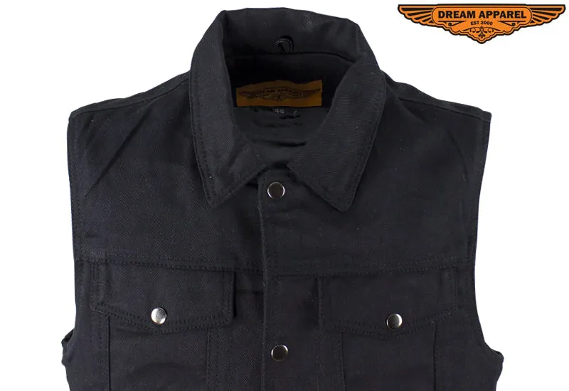 Dream Apparel Mens Black Denim Motorcycle Vest With Buttoned Front Closure