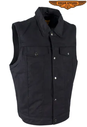 Dream Apparel Mens Black Denim Motorcycle Vest With Buttoned Front Closure