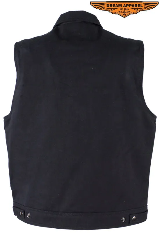 Dream Apparel Mens Black Denim Motorcycle Vest With Buttoned Front Closure