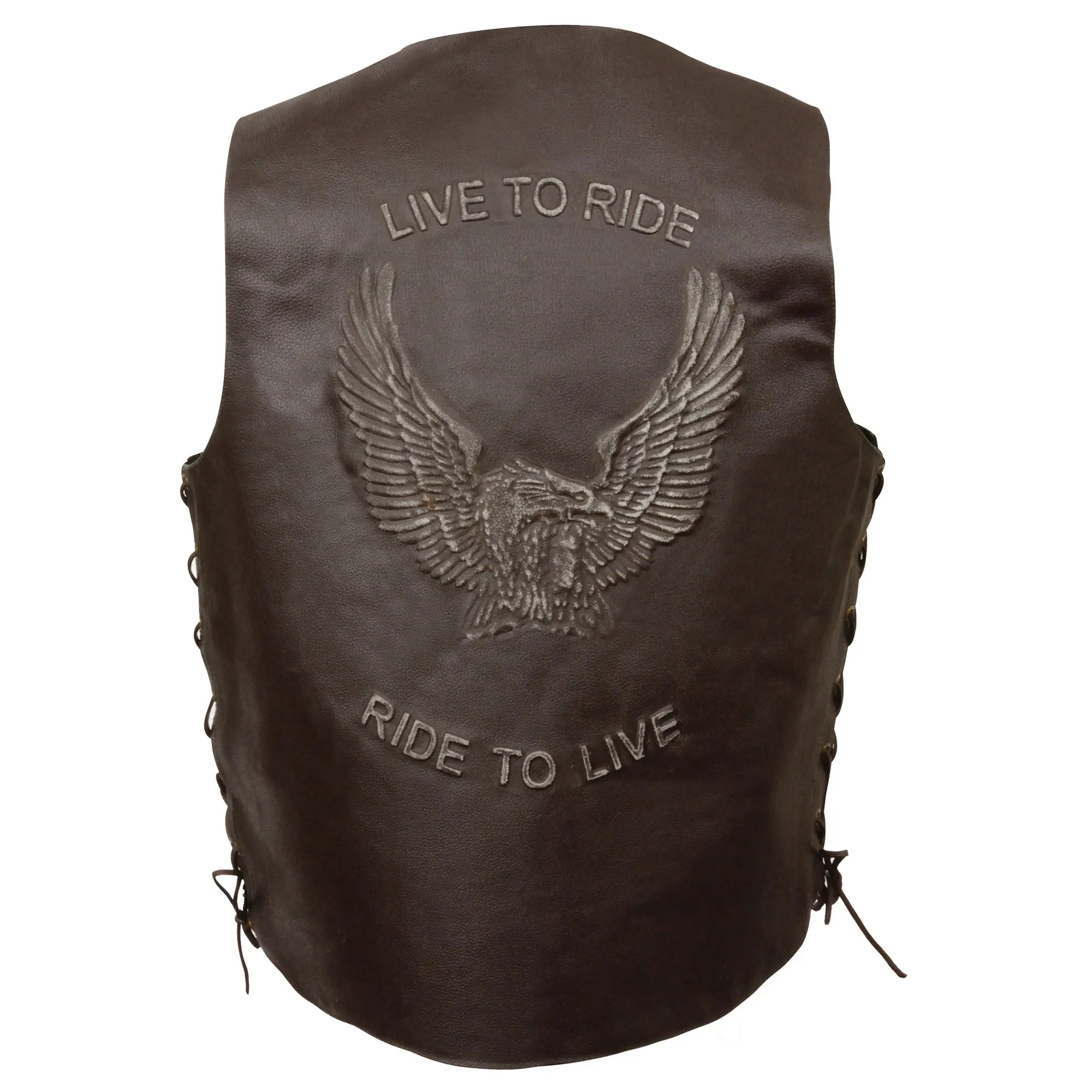 ELM3900BROWN Embossed Eagle Men's Side Lace Live to Ride Vest w/ Flying Eagle in Brown color