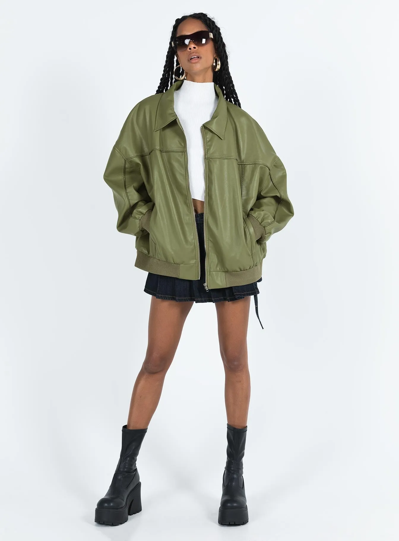 Fashionkova Goldsmith Faux Leather Bomber Jacket Green