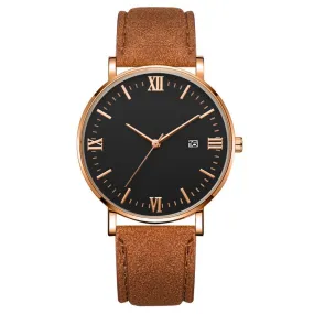 Flavio Classic Elegant Watch with Black Dial and Brown Belt