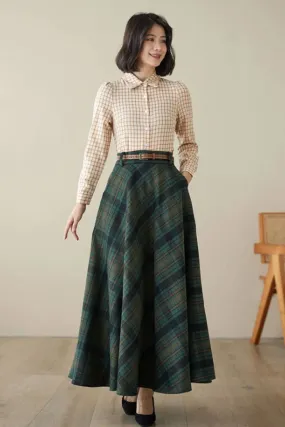 Green Maxi Wool Plaid Skirt 4621