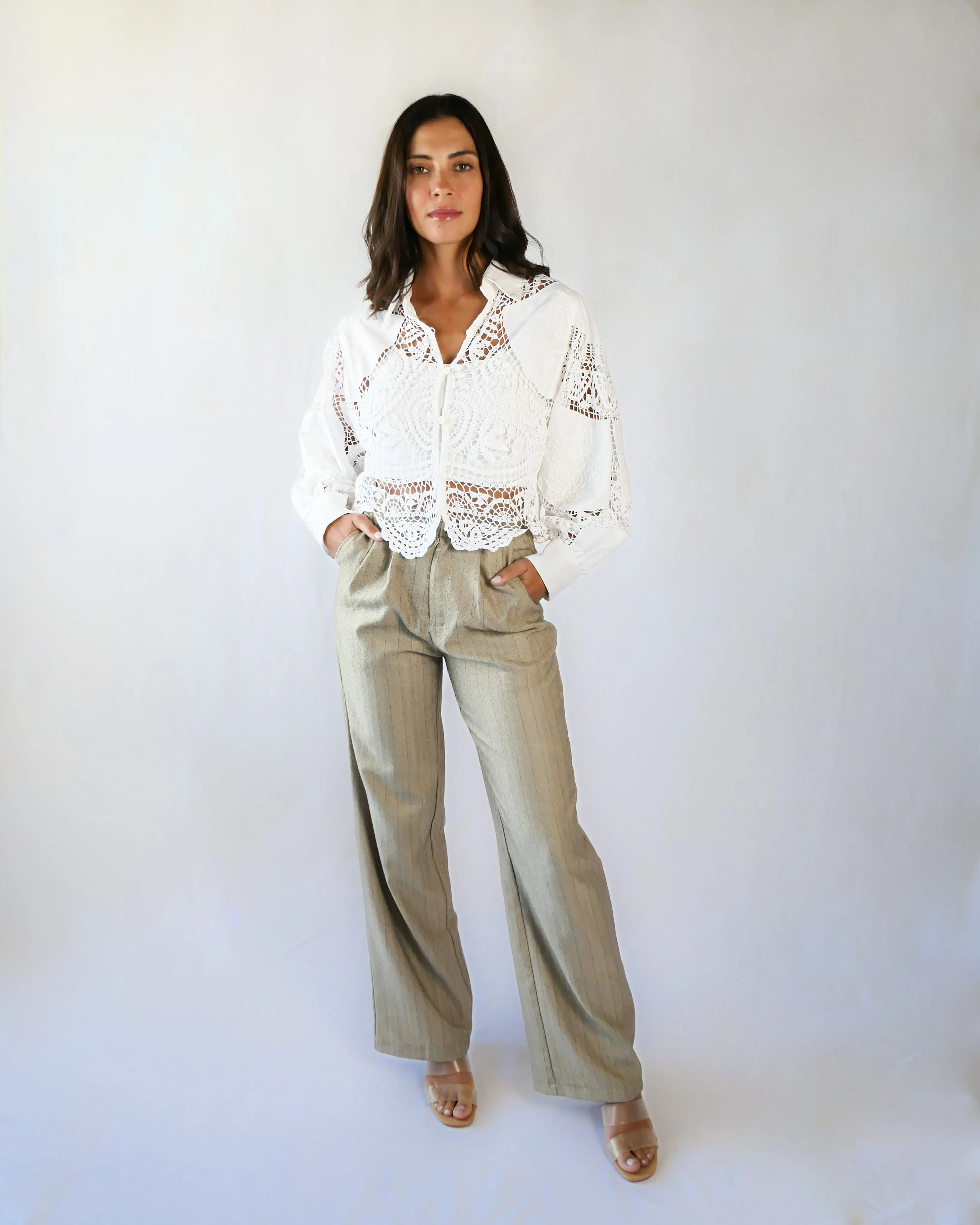 Hand Crocheted and Embroidered Cropped Shirt with Puff Sleeves