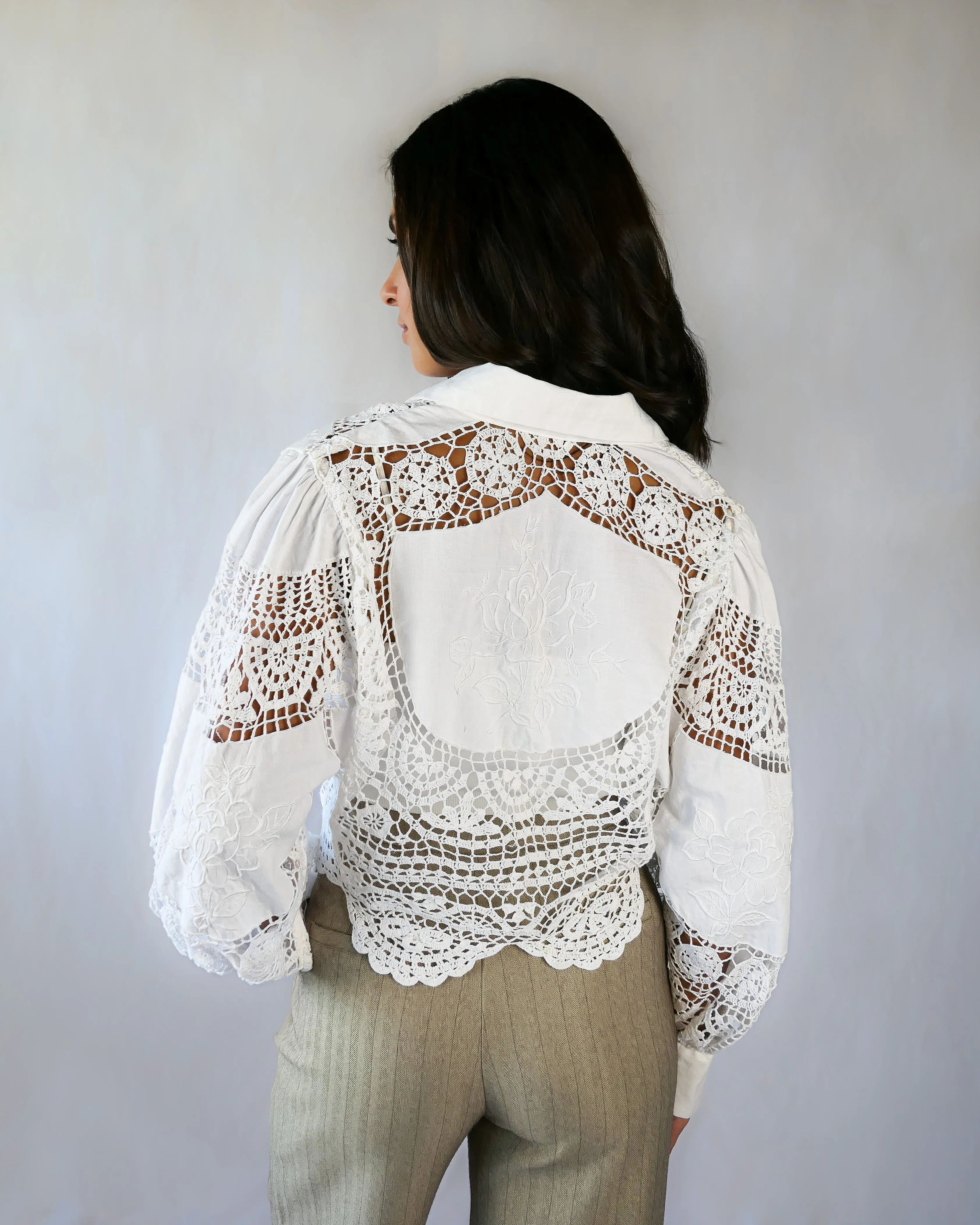 Hand Crocheted and Embroidered Cropped Shirt with Puff Sleeves