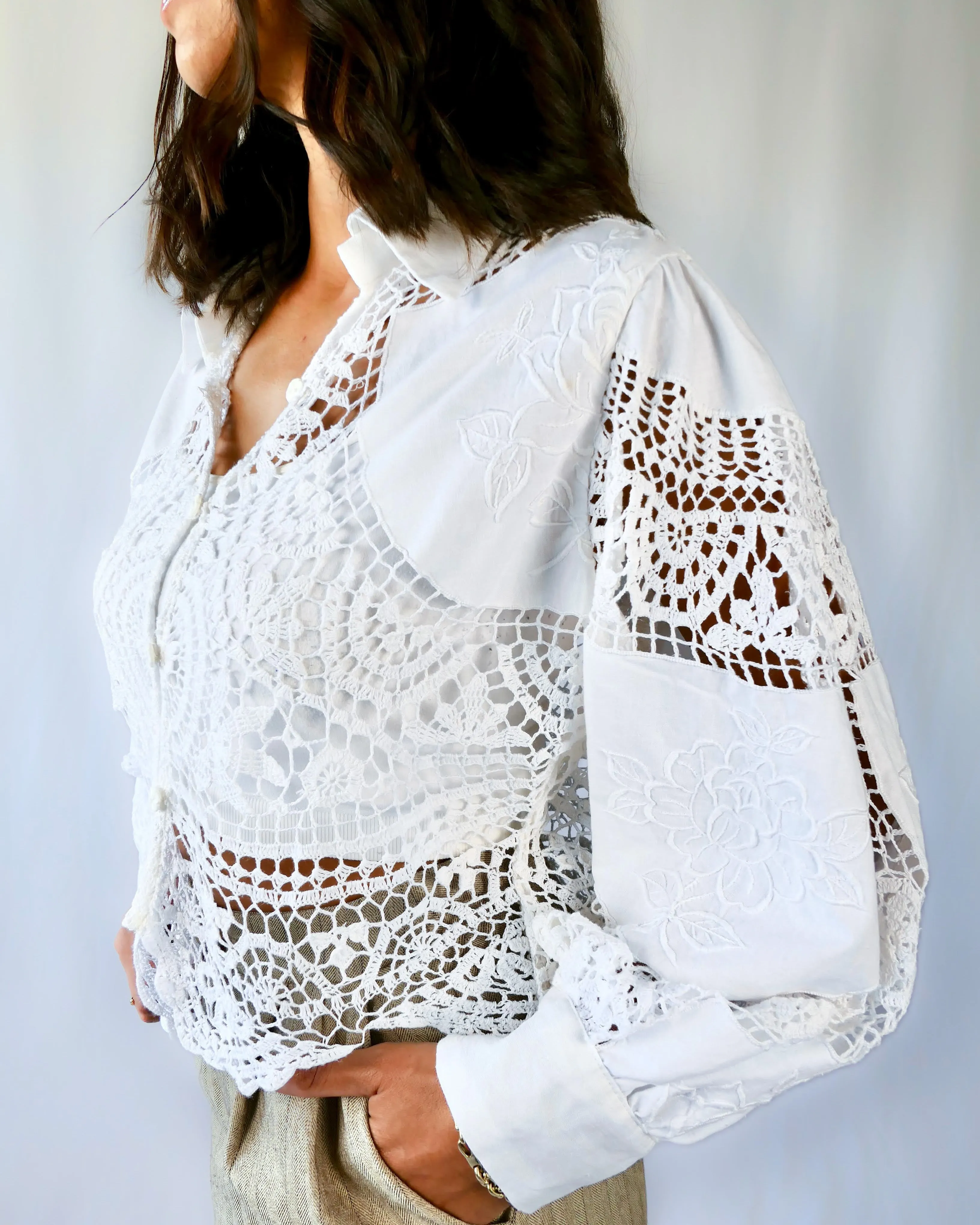 Hand Crocheted and Embroidered Cropped Shirt with Puff Sleeves