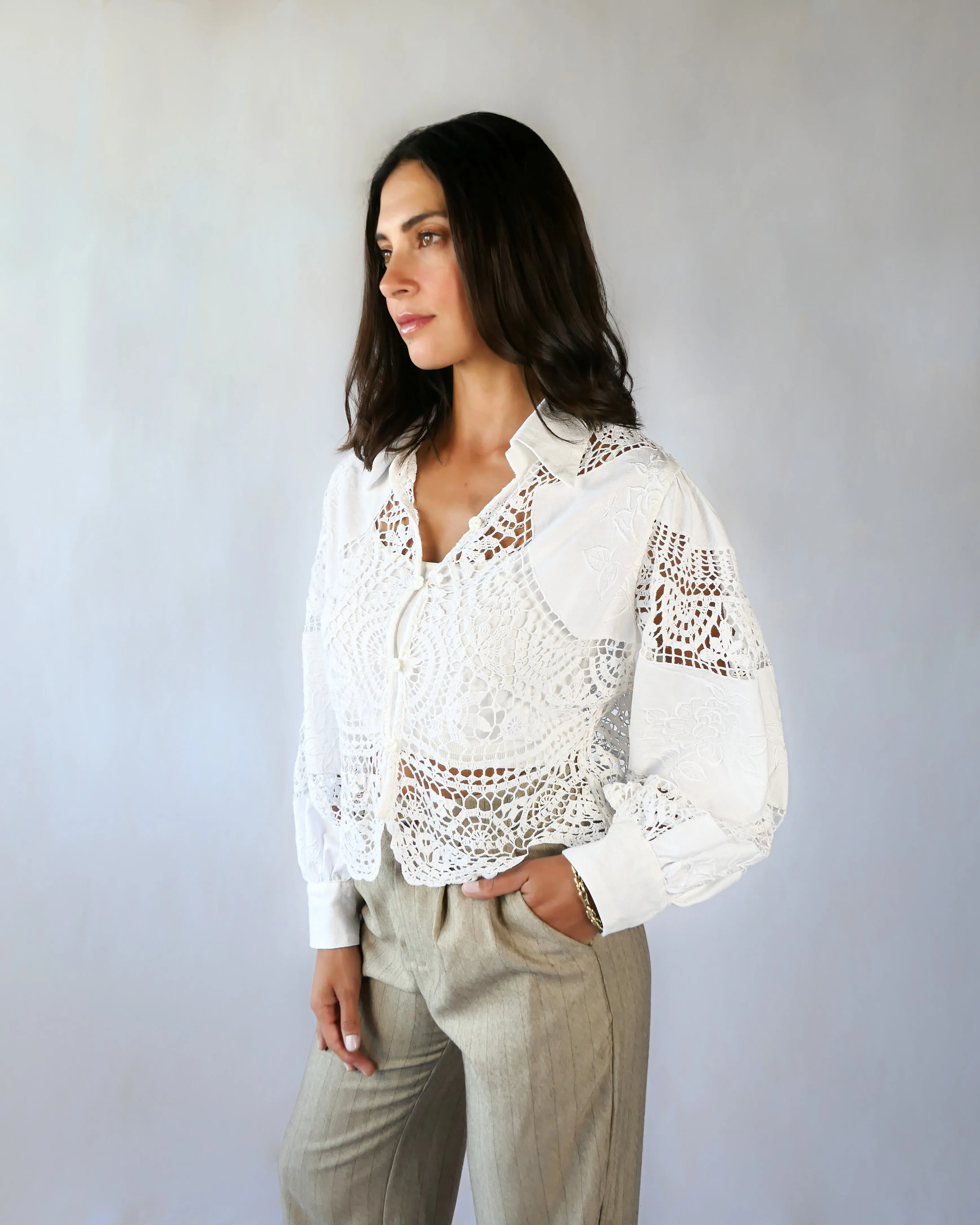 Hand Crocheted and Embroidered Cropped Shirt with Puff Sleeves