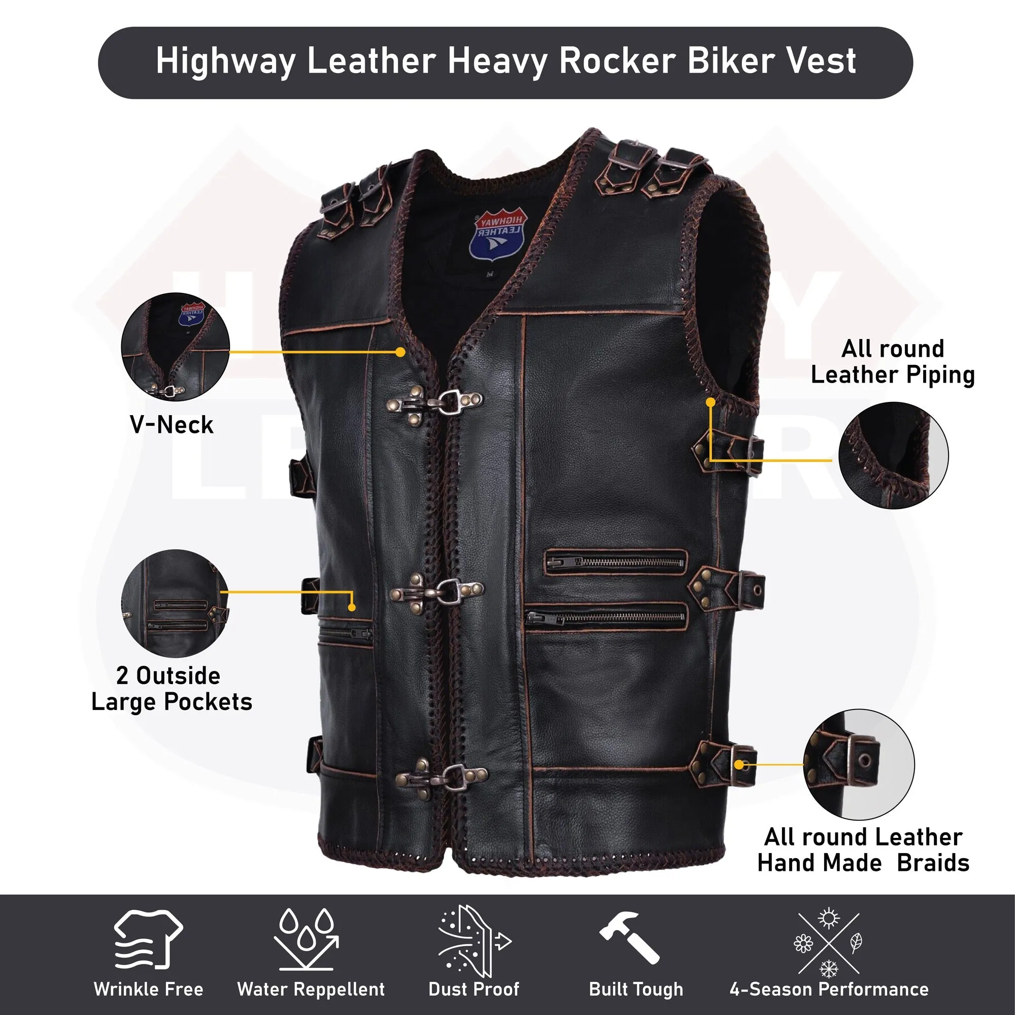 HL11699BROWN Men Genuine Cow Leather Heavy Metal Zipper Buckled Rocker Braided Vest-Rocker biker Waistcoat