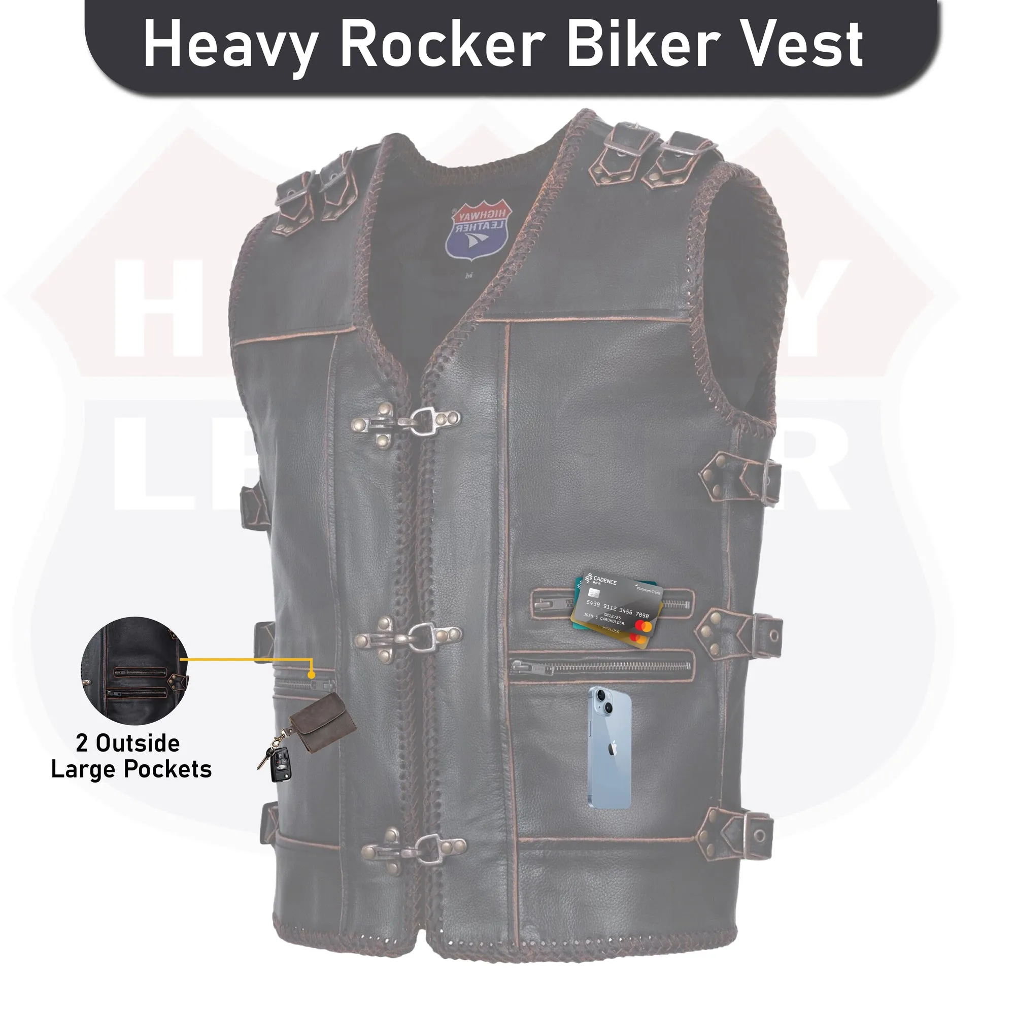 HL11699BROWN Men Genuine Cow Leather Heavy Metal Zipper Buckled Rocker Braided Vest-Rocker biker Waistcoat