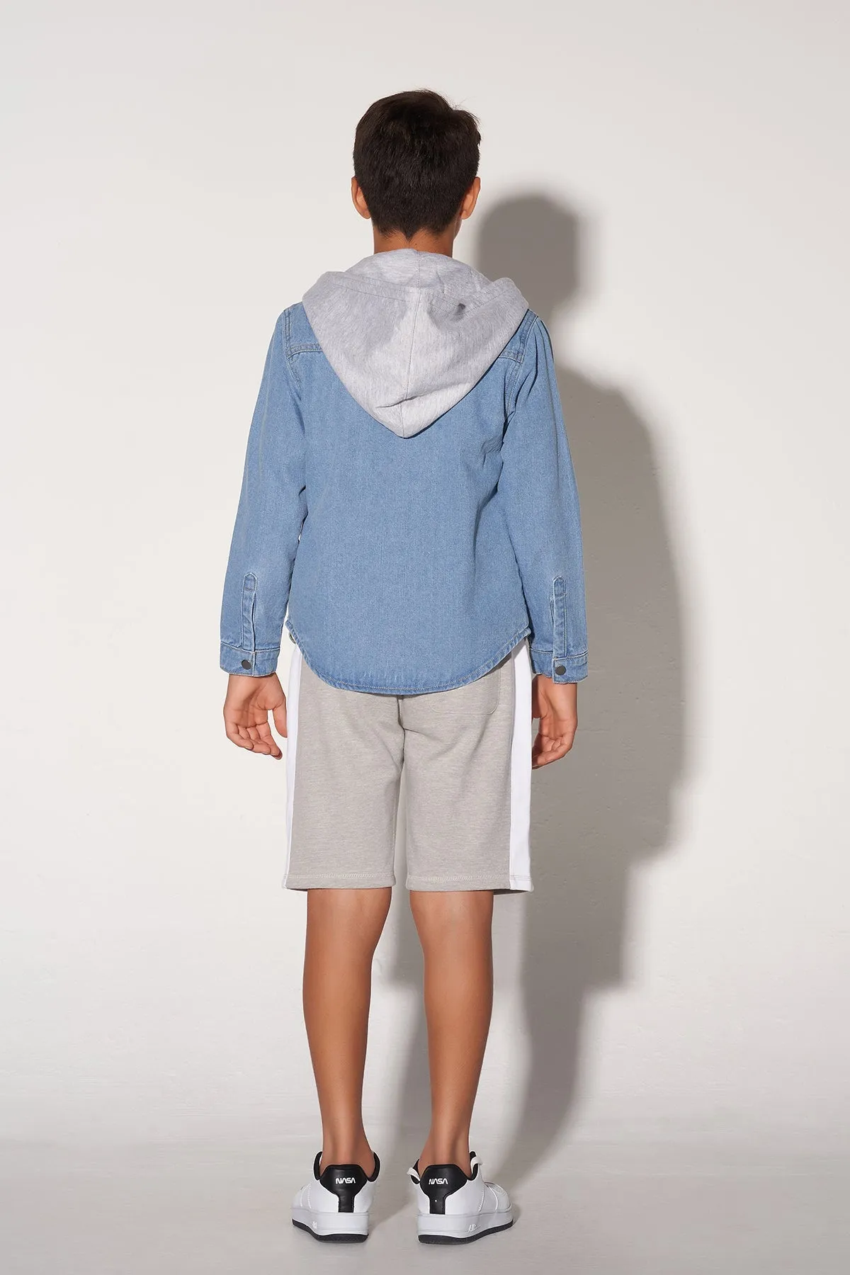 Hooded Denim Shirt For Boy - Light Blue