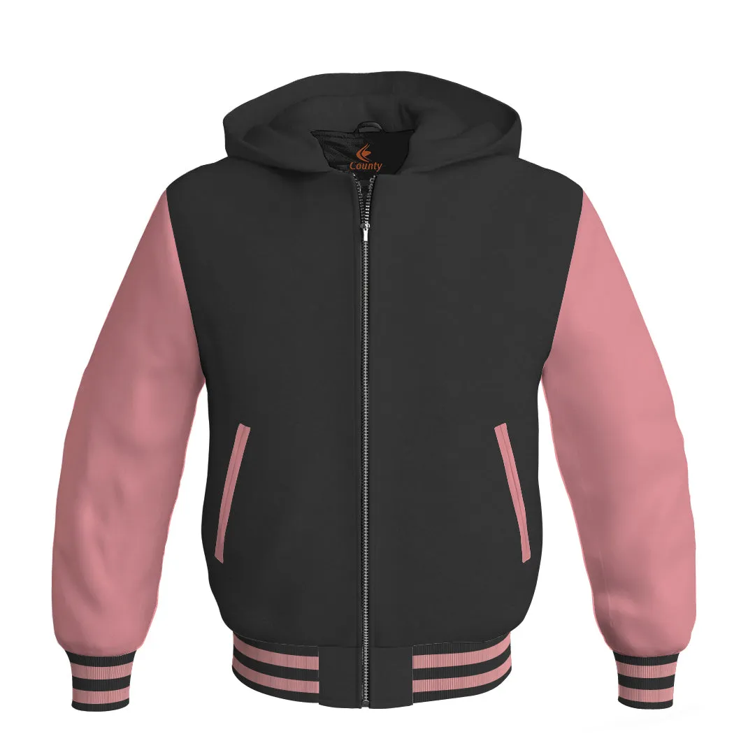 Hoodies For Men Black Body and Pink Leather Sleeves Varsity Hoodie